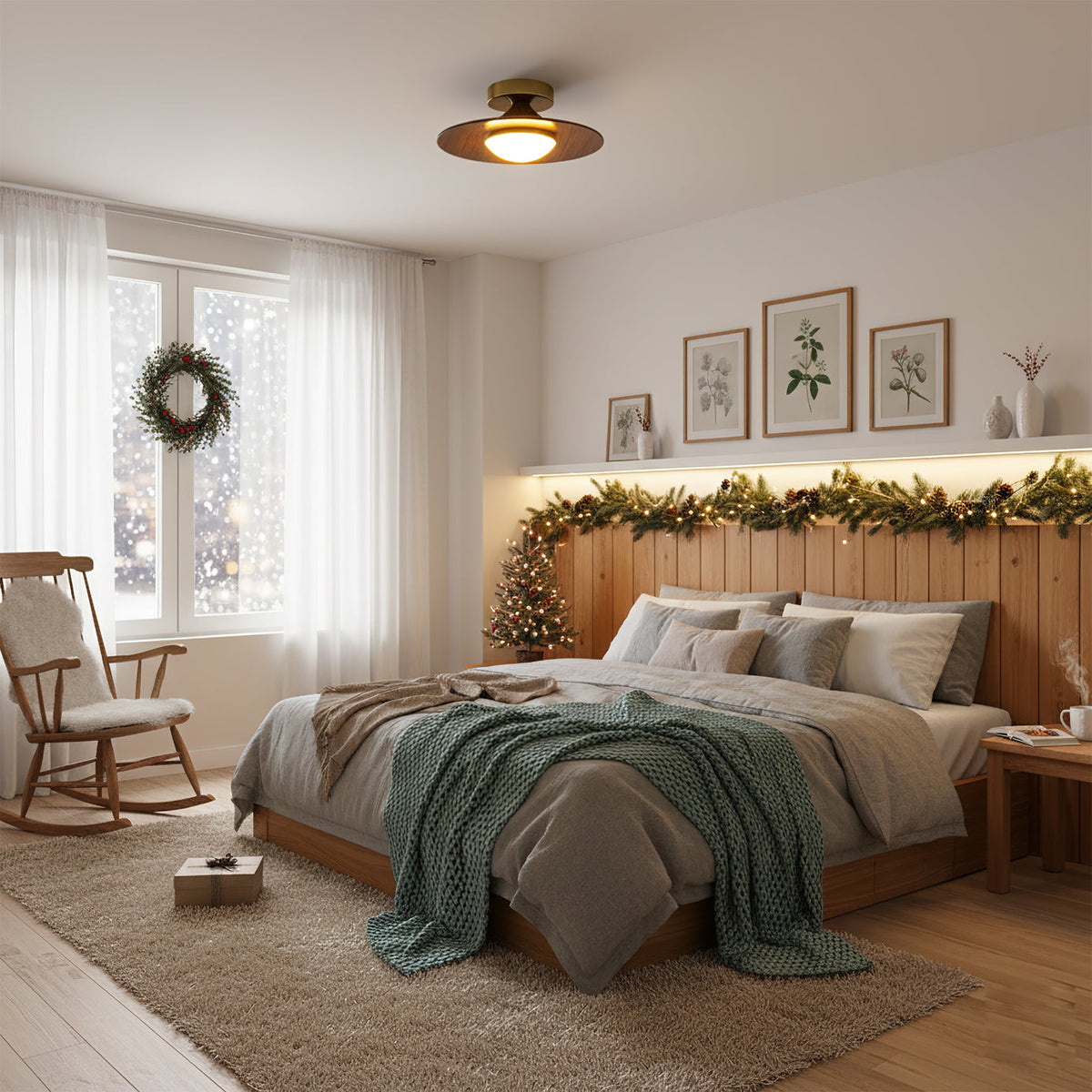 Walnut Disc Flush Mount Ceiling Light Slim Wood Frame