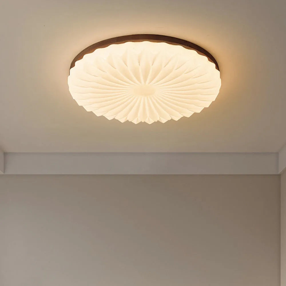 Wooden Pleated Flush Mount Ceiling Light Mid-Century Shade