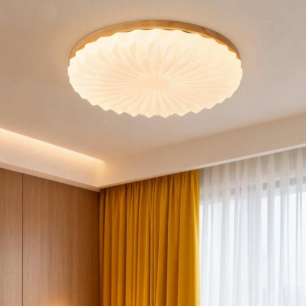 Wooden Pleated Flush Mount Ceiling Light Mid-Century Shade