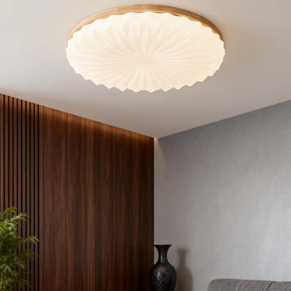 Wooden Pleated Flush Mount Ceiling Light Mid-Century Shade