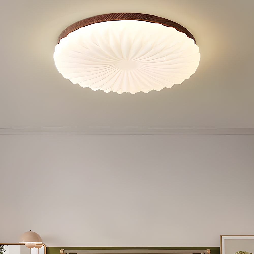 Wooden Pleated Flush Mount Ceiling Light Mid-Century Shade
