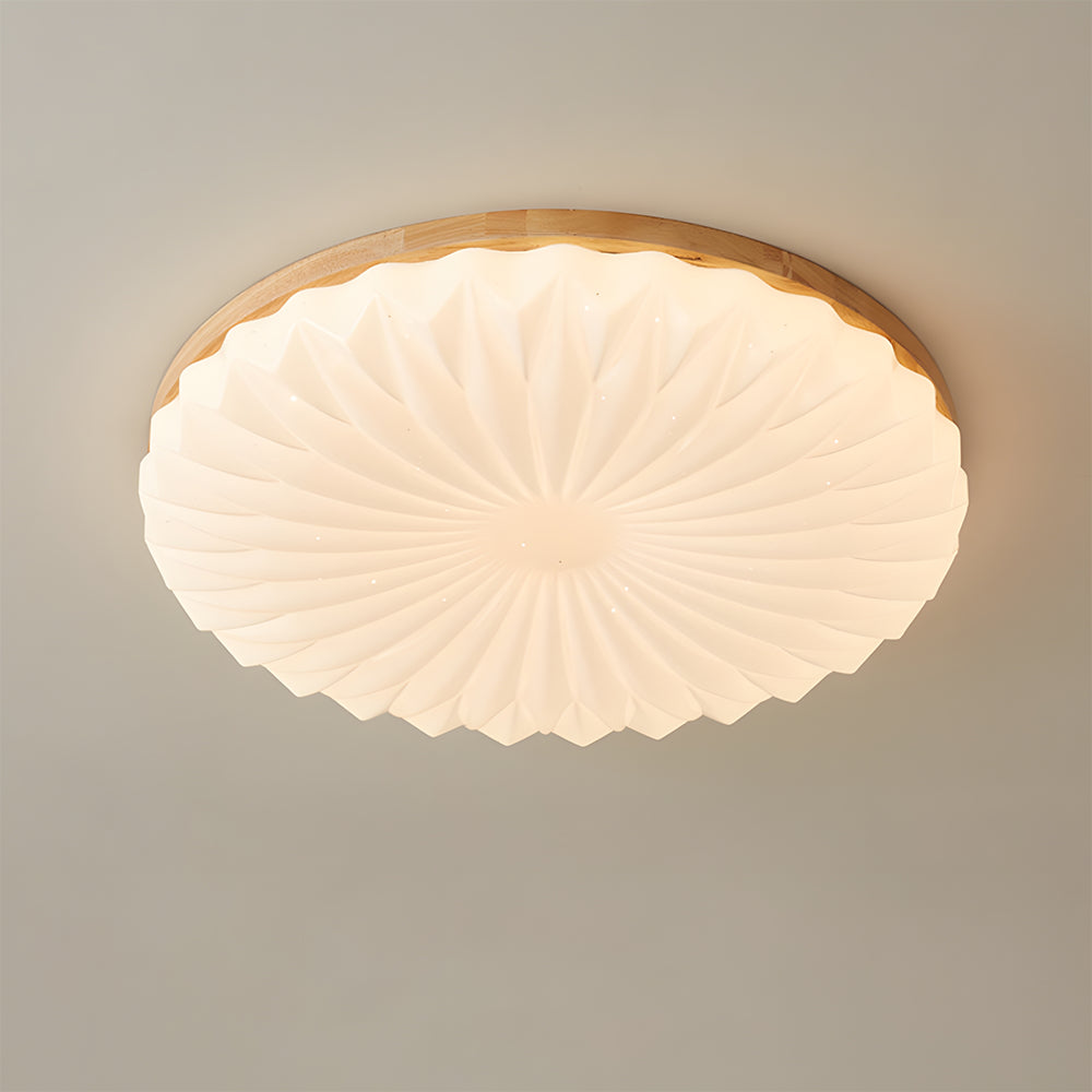 Wooden Pleated Flush Mount Ceiling Light Mid-Century Shade