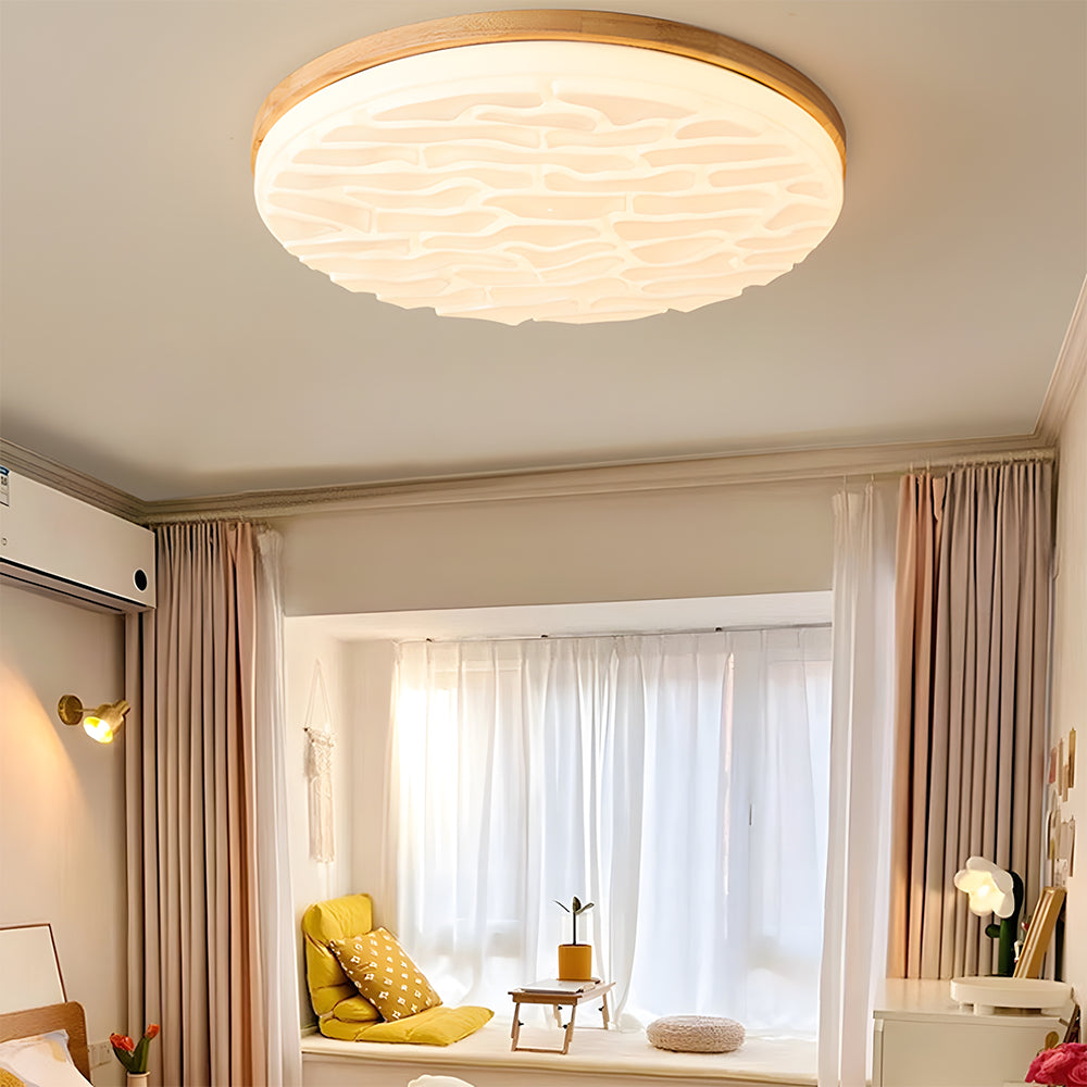 Wooden Pleated Flush Mount Ceiling Light Mid-Century Shade