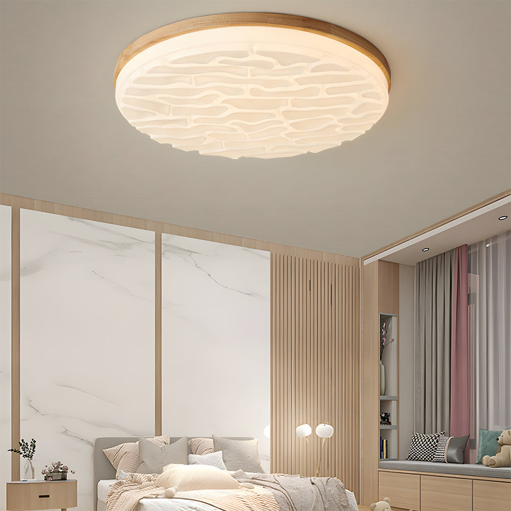 Wooden Pleated Flush Mount Ceiling Light Mid-Century Shade