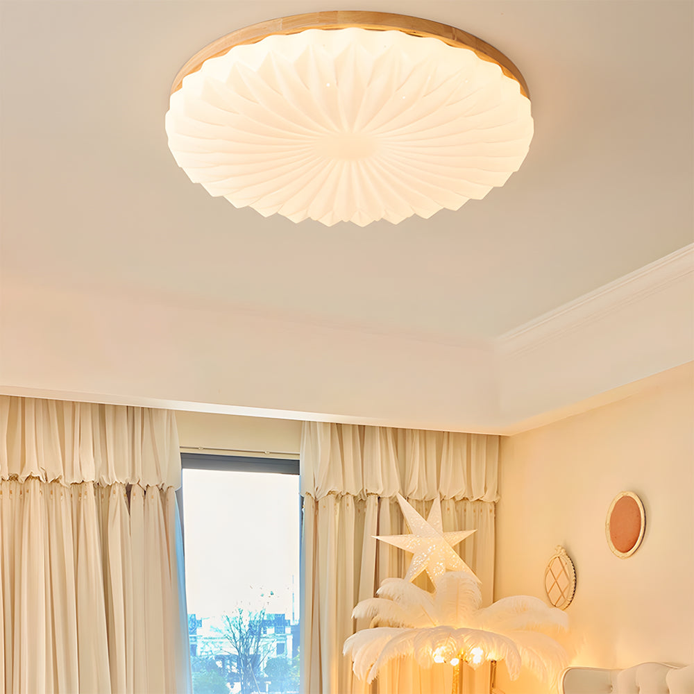Wooden Pleated Flush Mount Ceiling Light Mid-Century Shade