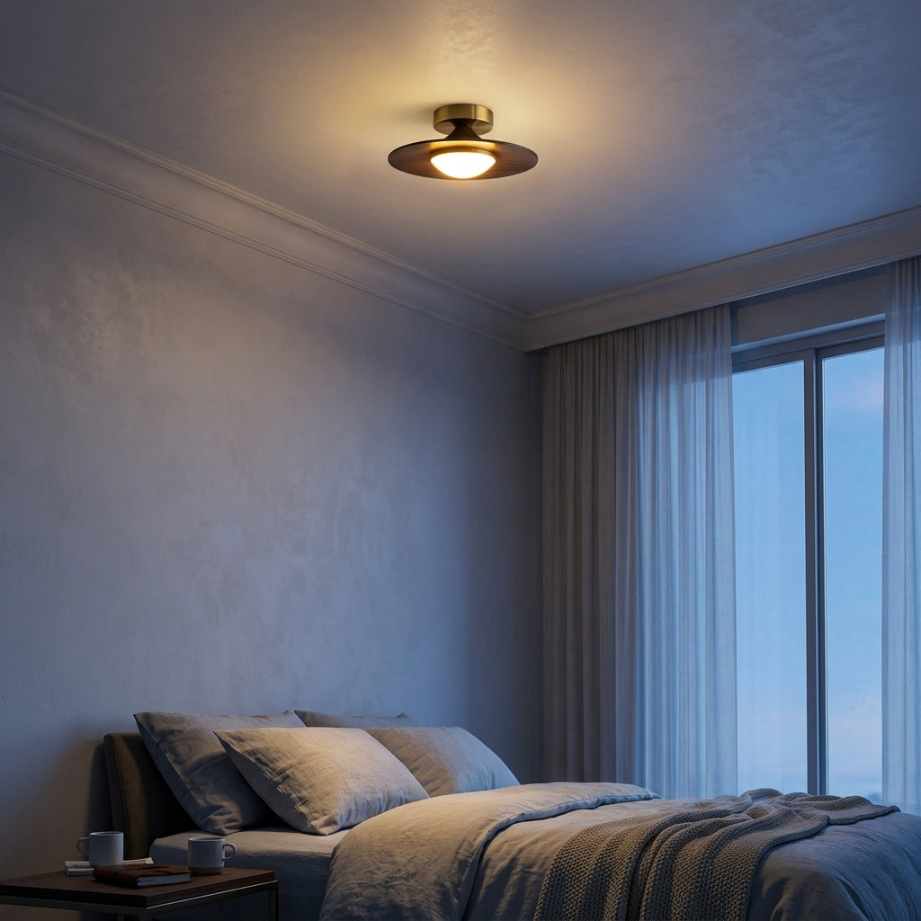 Walnut Disc Flush Mount Ceiling Light Slim Wood Frame