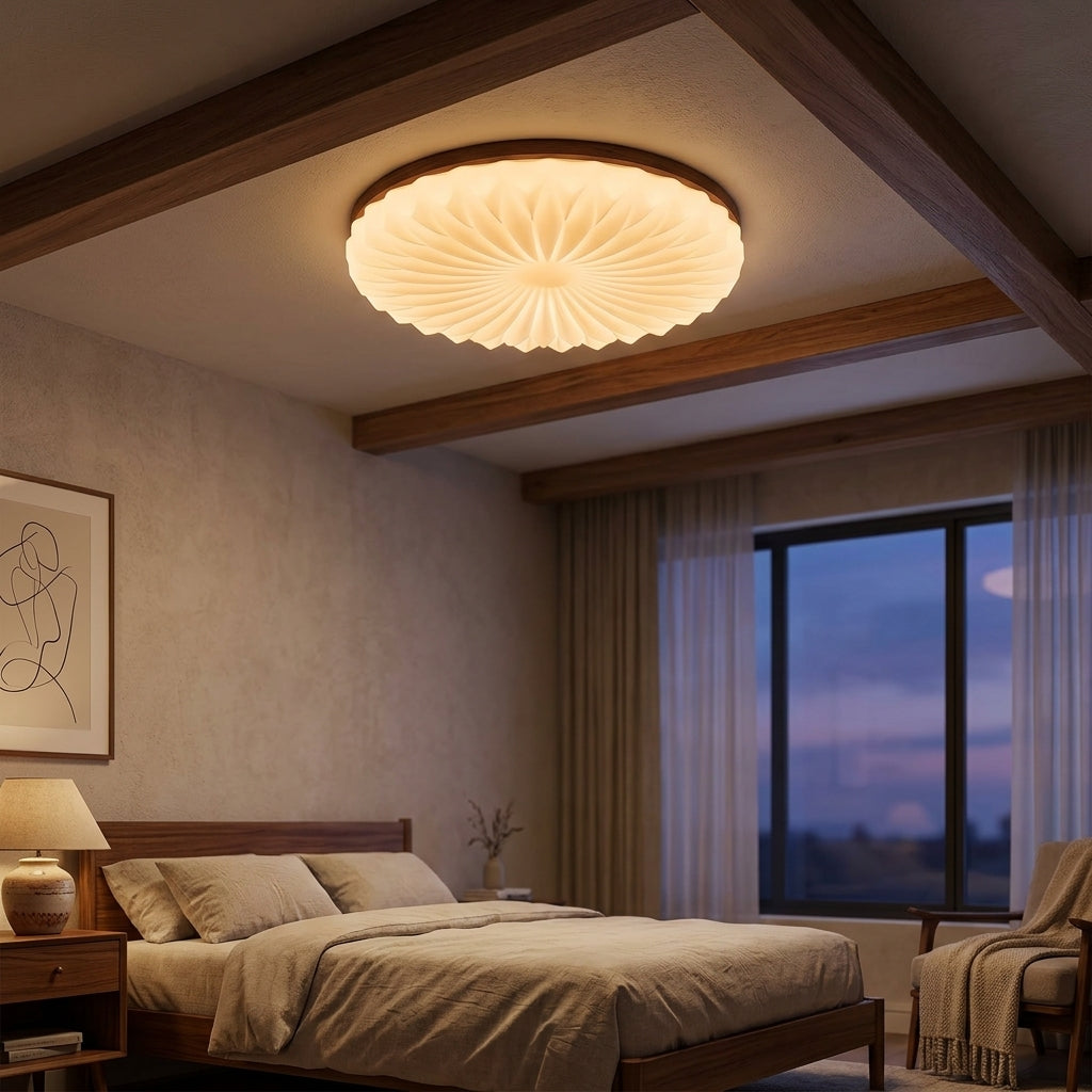 Wooden Pleated Flush Mount Ceiling Light Mid-Century Shade